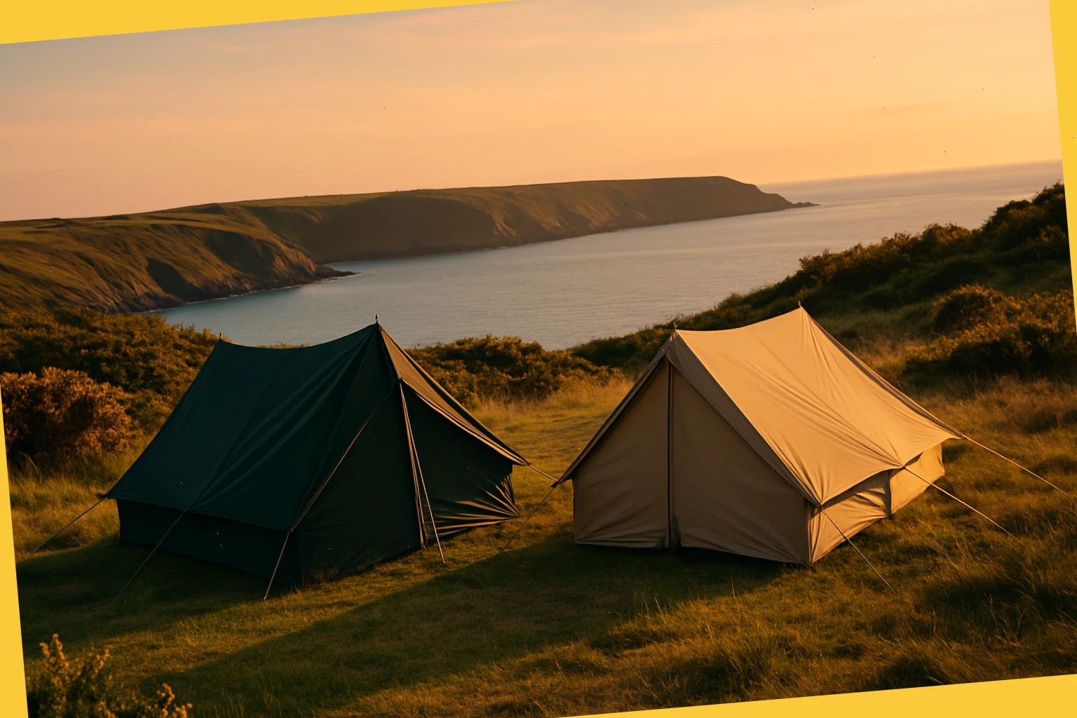 Two ridge tents pitched near a Cornish bay with low gorse and evening light
