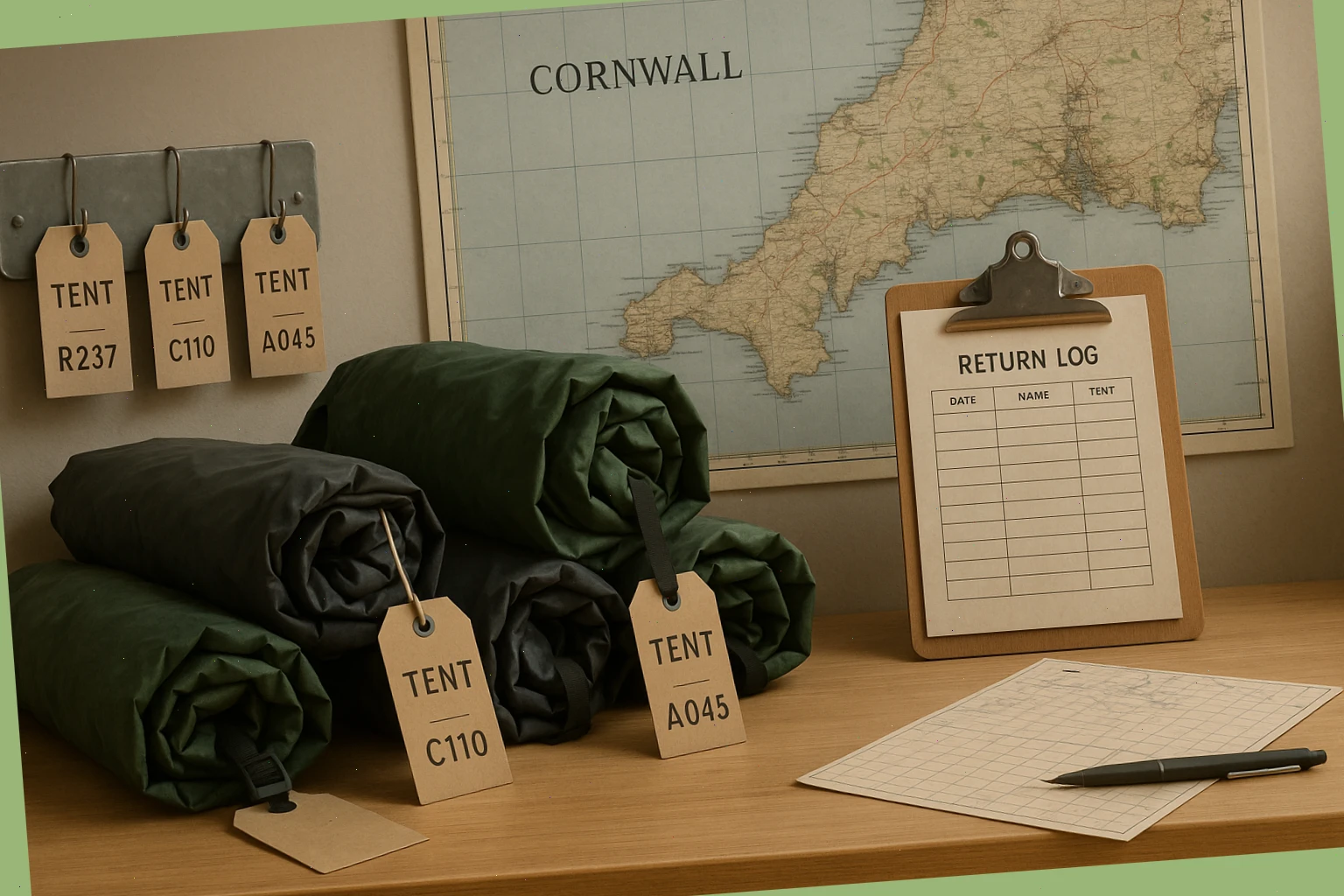 Hire desk with tent bags, tags and a return log beside a map of Cornwall