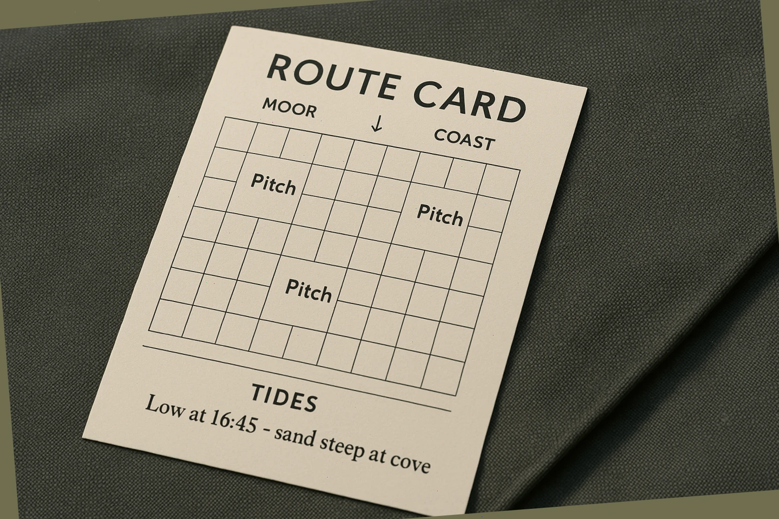 Route card with grid squares, tide note, and pitch suggestions for moor and coast