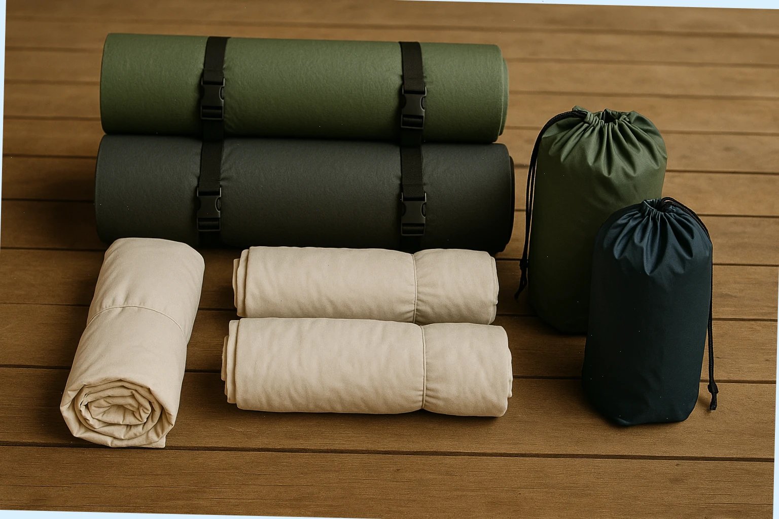 Rolled mats, clean liners and two stuff sacks ready for pickup