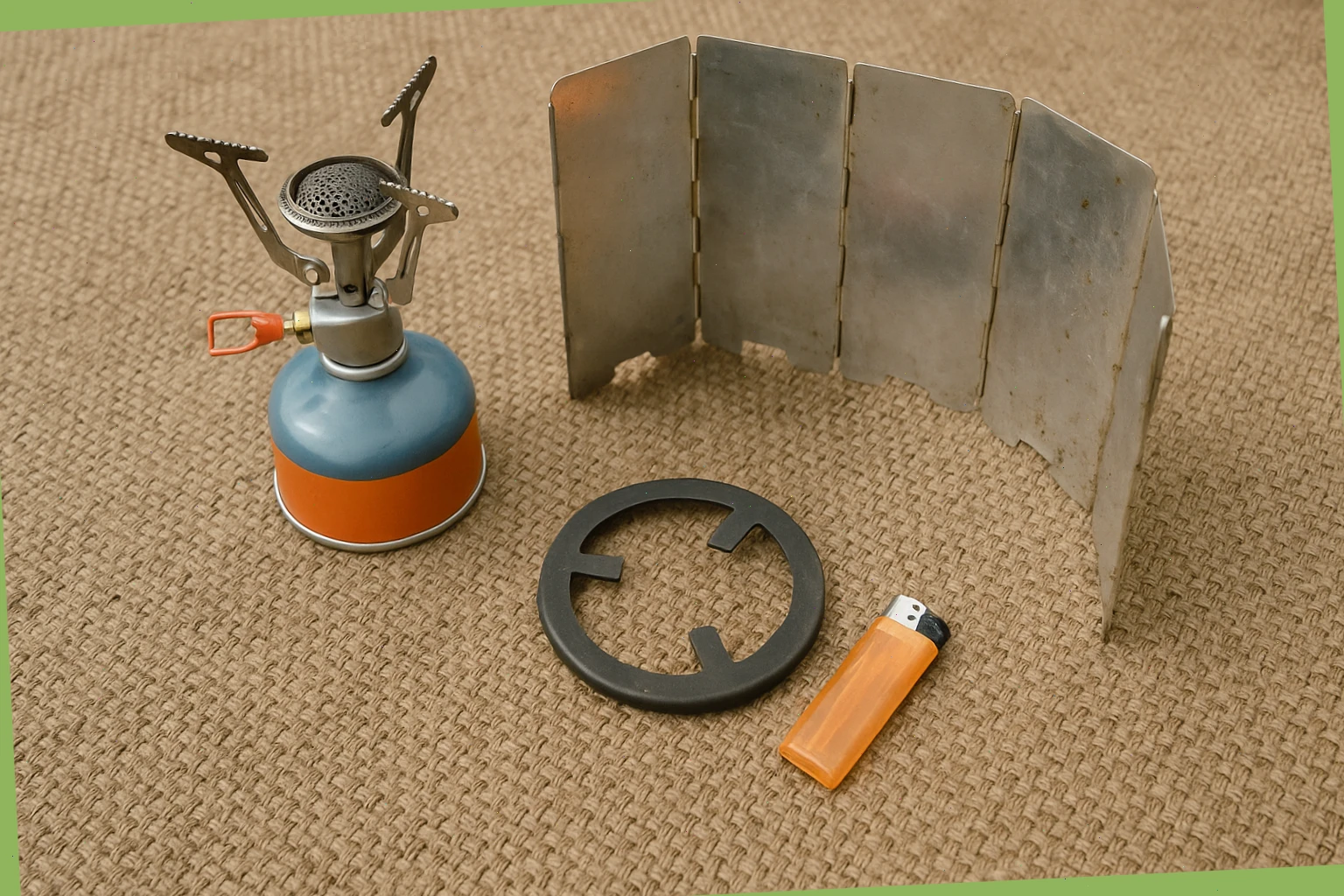 Compact gas stove, wind shield, lighter and pot stand laid on a field mat