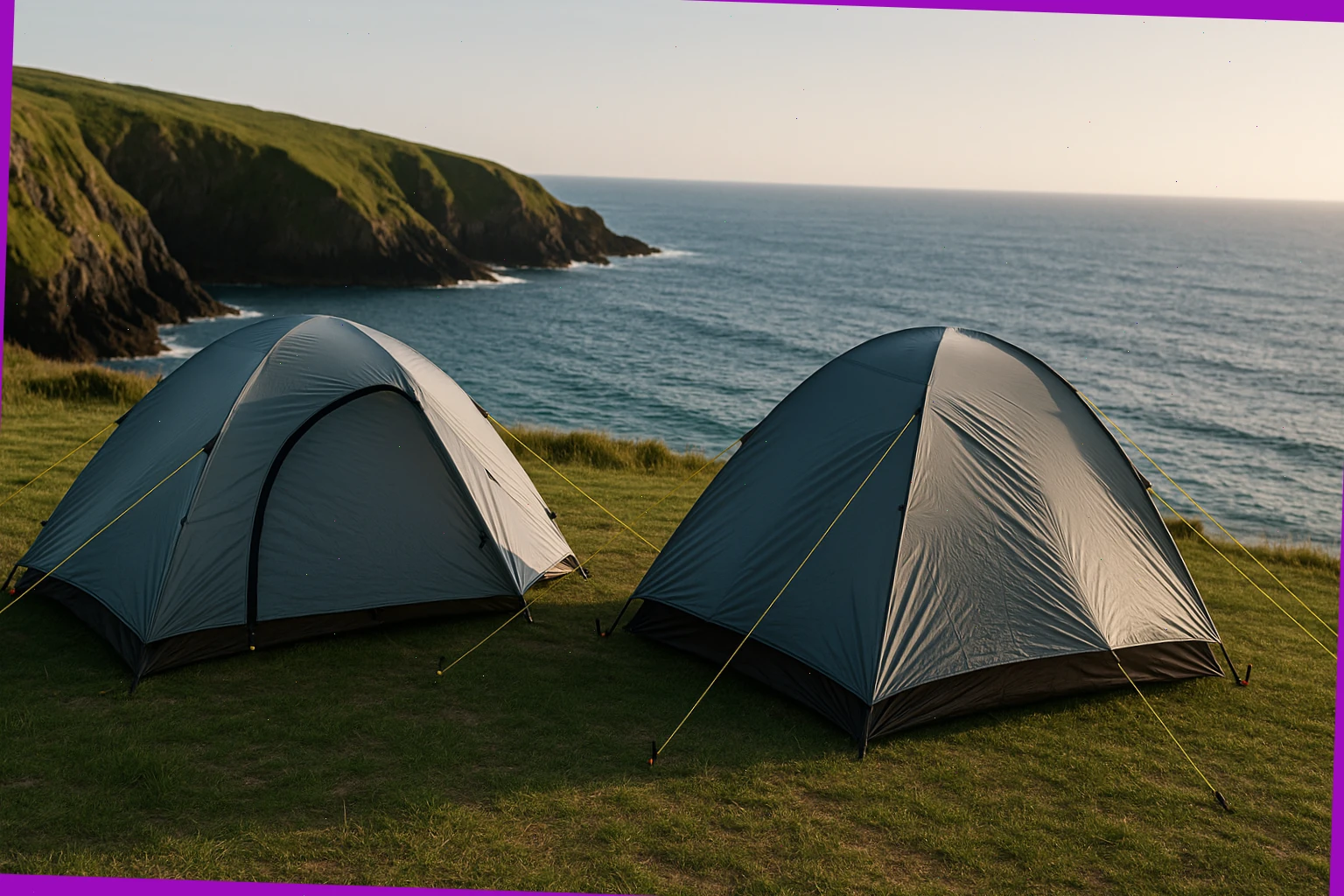 Two lightweight dome tents with guy lines set on short grass above sea cliffs